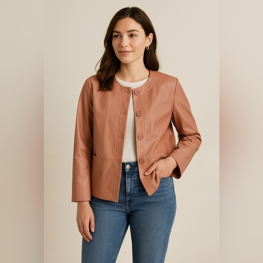 Justfab faux leather light weight pastel pink Button up w/pockets. NWOT. Size XL